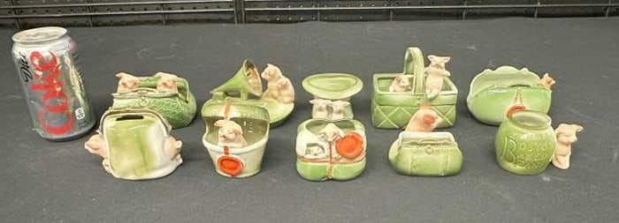 (10) PIG FAIRING porcelain figures, nice overall estate condition. In hat box, with phonograph horn,