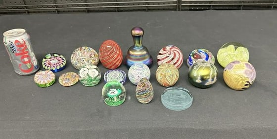 (18) art glass paperweights from estate in Hudson Valley, nice condition, some signed. Includes