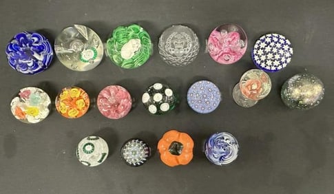 (18) art glass paperweights, nice estate condition, some unusual forms, some signed, some not,