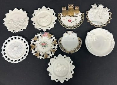 (9) milk glass character plates and related, as pictured, nice overall estate condition. Some with