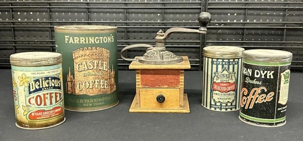 (5) pc. Coffee lot to include (4) tins and coffee grinder, found in local estate. Nice overall