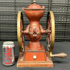 ENTERPRISE cast iron coffee grinder in original paint & decals, with drawer intact, measures 14"