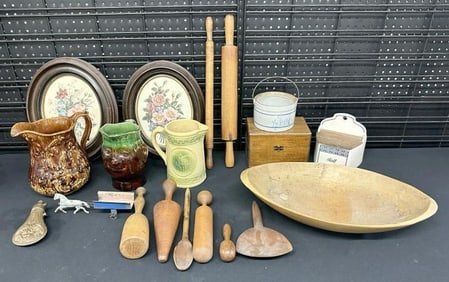 Estate country lot to include woodenwares ( bowl, rolling pins, utensils ), (3) pitchers including