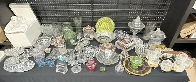 LARGE estate lot of Glassware, including cut. Pressed, color, pickle cannister, set of (6) stemware