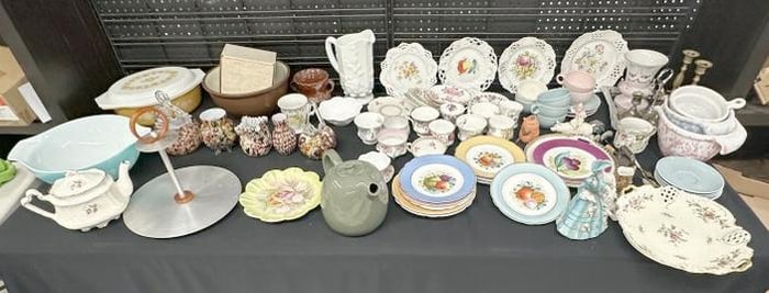 LARGE misc. estate lot of porcelains, ceramics, redware vase, cups and saucers, brassware, end of