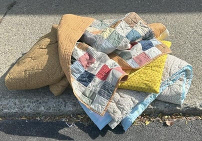 (4) handstitched quilts from local estate, good and clean overall condition. Just as we found