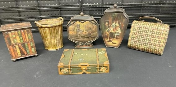(6) HUNTLEY & PALMERS tins, nice overall estate condition. Tallest measures 9.5" high to show