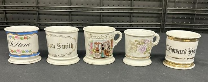 (5) SHAVING MUGS including (1) occupational of a Grocery Store owner, (3) with names & (1) with