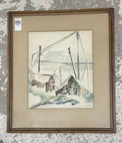 Julius Zirinsky (mid 20th century) w/color landscape with 2 buildings and water in background, circa