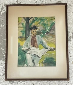 Seymour Fogel (1911 - 1984) w/color of boy reading a book, outside with trees in background, signed