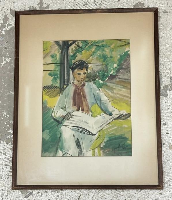 Seymour Fogel (1911 - 1984) w/color of boy reading a book, outside with trees in background, signed (1 of 4)