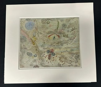 Petra (Emma Mearns) Cabot (1907 - 2006) abstract painting on tin of insects, dated what looks like