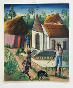 Haitian o/c painting signed ( ROUZIER ), dated 1959. With people utside a church, nice overall