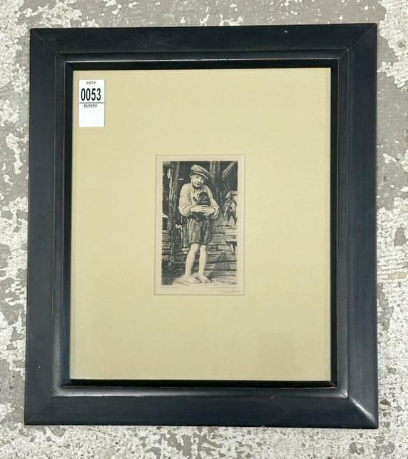 Francis Luis Mora (1874 - 1940) signed print of boy with puppy, inscribed in pencil ( To My Friend (1 of 3)