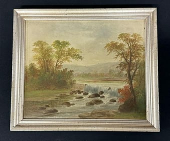 Circa 1900 o/b landscape with stream & waterfalls running through, mountains in background, signed (