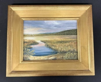 Robin Guthridge o/b landscape from Albany, N.Y. estate, in nice gold frame. Painting measures 9.5" x