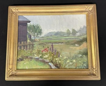 Nice o/b landscape with Estate stamp on back ( Estate of Henry Baxter or Benton ? ) unsure, in nice