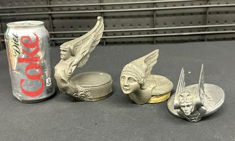 (3) vintage automobile caps or ornaments, just as we found them, some wear to bottoms, but all there