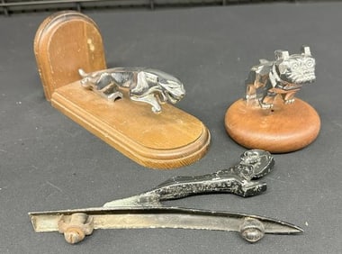 (3) HOOD ORNAMENTS including Jaguar mounted on wood base which measures 9" front to back, black