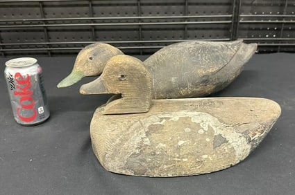 (2) older wood decoys, found in local estate, just as we found them, they measure 12.5" and 18"