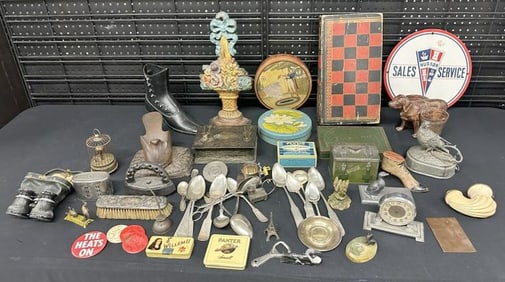 Big misc. estate lot of collectibles, porcelain HUDSON sign, doorstops, gameboard, old tins, some
