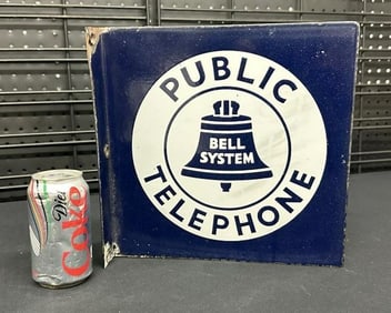 Double sided enamel BELL SYSTEMS PUBLIC TELEPHONE flange sign, nice overall condition, small enamel