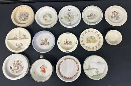 (14) old Baby's plates & bowls with wonderful illustrated graphics, from estate in Hudson Valley,