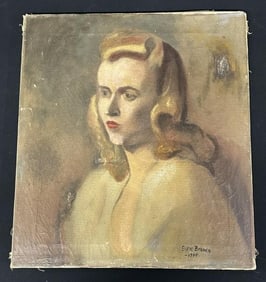 Elsie Brown (1944) portait of a Woman, from Woodstock, N.Y. estate, painting measures 18" x 16", has