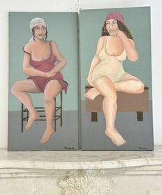 Ronnye Jai Shapiro (1943-2022) (2) o/c of Women in bathing suits or lingerie, with caps or scarves