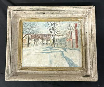 Gene Pelham (1909 - 2004) o/b Winter landscape titled on back ( EAST ARLINGTON IN WINTER ), nice