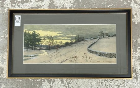 Charles Grant Davidson (1865 - 1945) w/color Winter landscape with house in background and stone