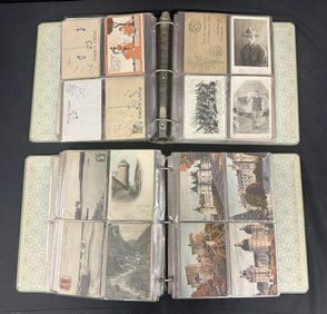 (2) large loose leaf binders filled with postcards of ships, trains, cars, etc. From NYC estate of a