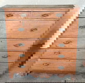 19th c cherry country chest of drawers, has graduated drawers with (2) on top. Structurally sound,