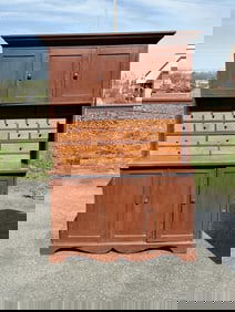 Wonderful 19th c stepback cupboard with apothecary like drawers in center, has nice older red finish