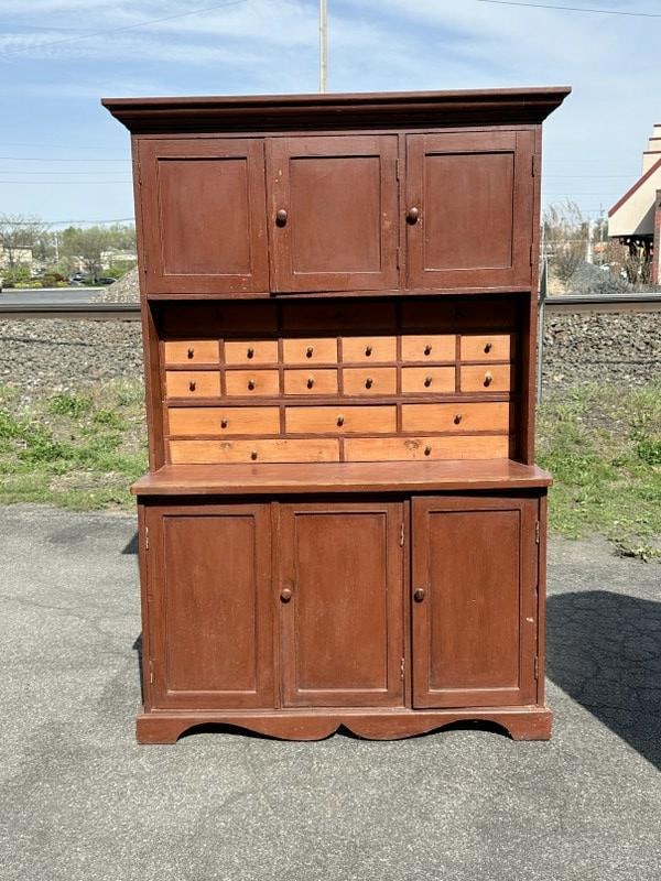 Wonderful 19th c stepback cupboard with apothecary like drawers in center, has nice older red finish (1 of 3)