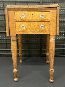 19th c (2) drawer birdseye maple dropleaf stand with tiger maple legs, structurally sound, from