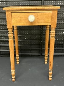 19th c birdseye maple one drawer country stand with sandwich glass knob, structurally sound, from