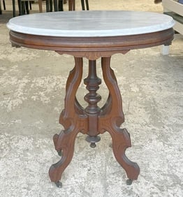 Victorian oval marble top table, walnut, from Hudson Valley estate, structurally sound, marble in