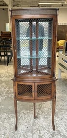 Nice diminutive mahogany circa 1940's corner display cabinet, has (2) glass shelves, mesh top doors,