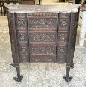 Decorative carved marble top chest of drawers, from Hudson Valley estate, structuraally sound, some