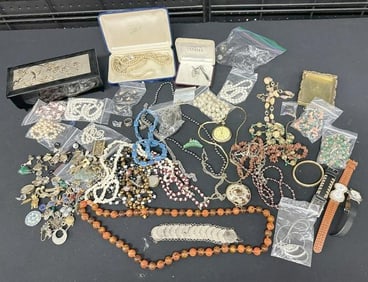 Lot of estate costume jewelry, some pearl necklaces, beads, watches, etc. Good lot for a dealer to