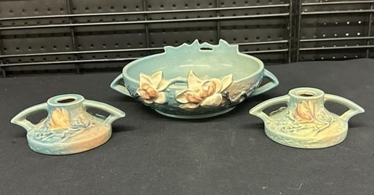 (3) pcs. ROSEVILLE art pottery from local estate, nice condition, includes Blue Magnolia console
