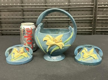 ROSEVILLE (3) pc. Zephyr Lily lot to include a basket & pair of candlesticks, in nice overall estate
