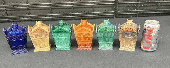 (6) pcs. GREENTOWN slag glass and cobalt blue glass Cat on a hamper chocolate box, from estate