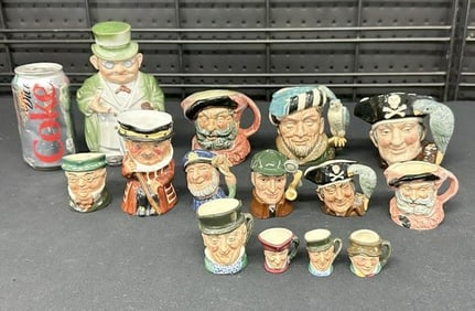 (14) pcs. Porcelain toby mugs & a figurine of gentleman with top hat that comes off. There are (12)
