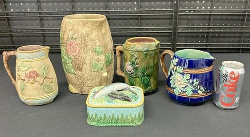 (5) pc. MAJOLICA lot in nice overall estate condition. From Hudson Valley estate collection. To show