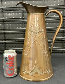 Joseph S. Sankey Art Nouveau copper pitcher with wonderful design and form. From local estate,