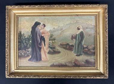 Circa 1900 o/b religious figures landscape, unsigned, in frame of the period, from Hudson Valley