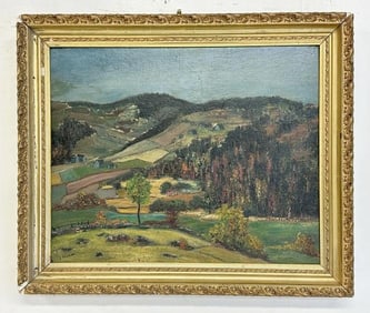 L. Huber o/b landscape, possibly Hudson Valley, from Woodstock, N.Y. estate, signed lower left,