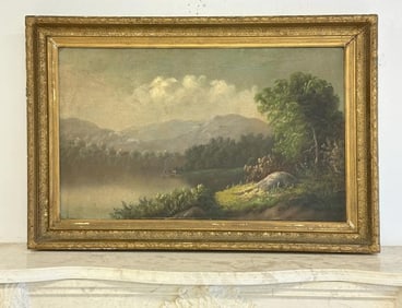 Large o/c Hudson valley landscape, ( old tag on back stating this is Mount Tremper ), unsure of
